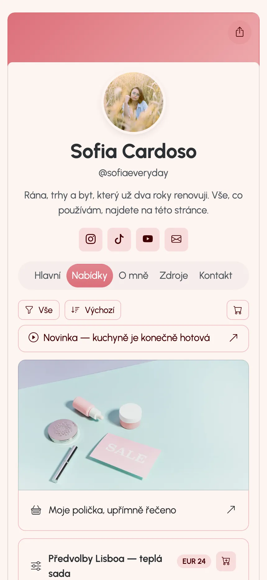 Stránka tvůrce publikovaná na KEA.Page — odkazy, předvolby a předplatné