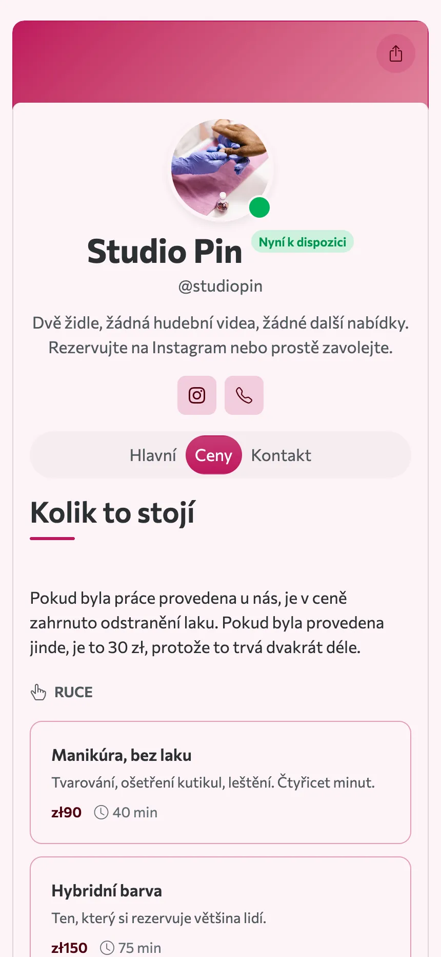 Dvě záložky — ceník a adresa, a to je celý web