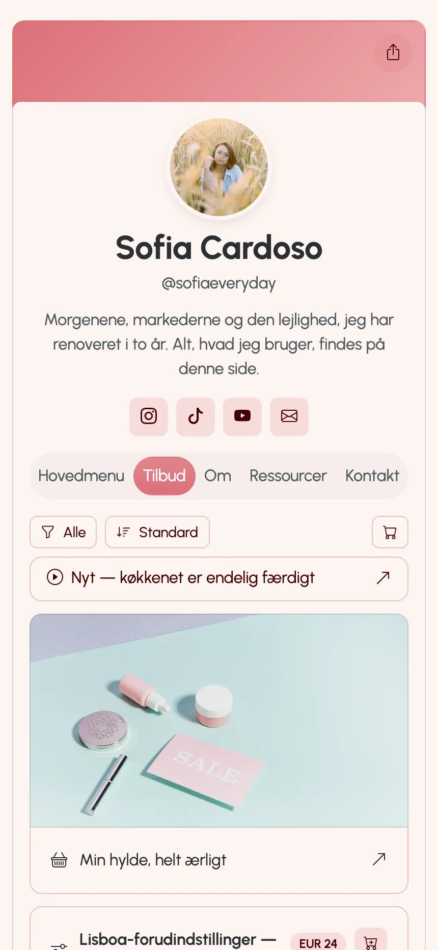 En creatorside udgivet på KEA.Page — links, forudindstillinger og et medlemskab
