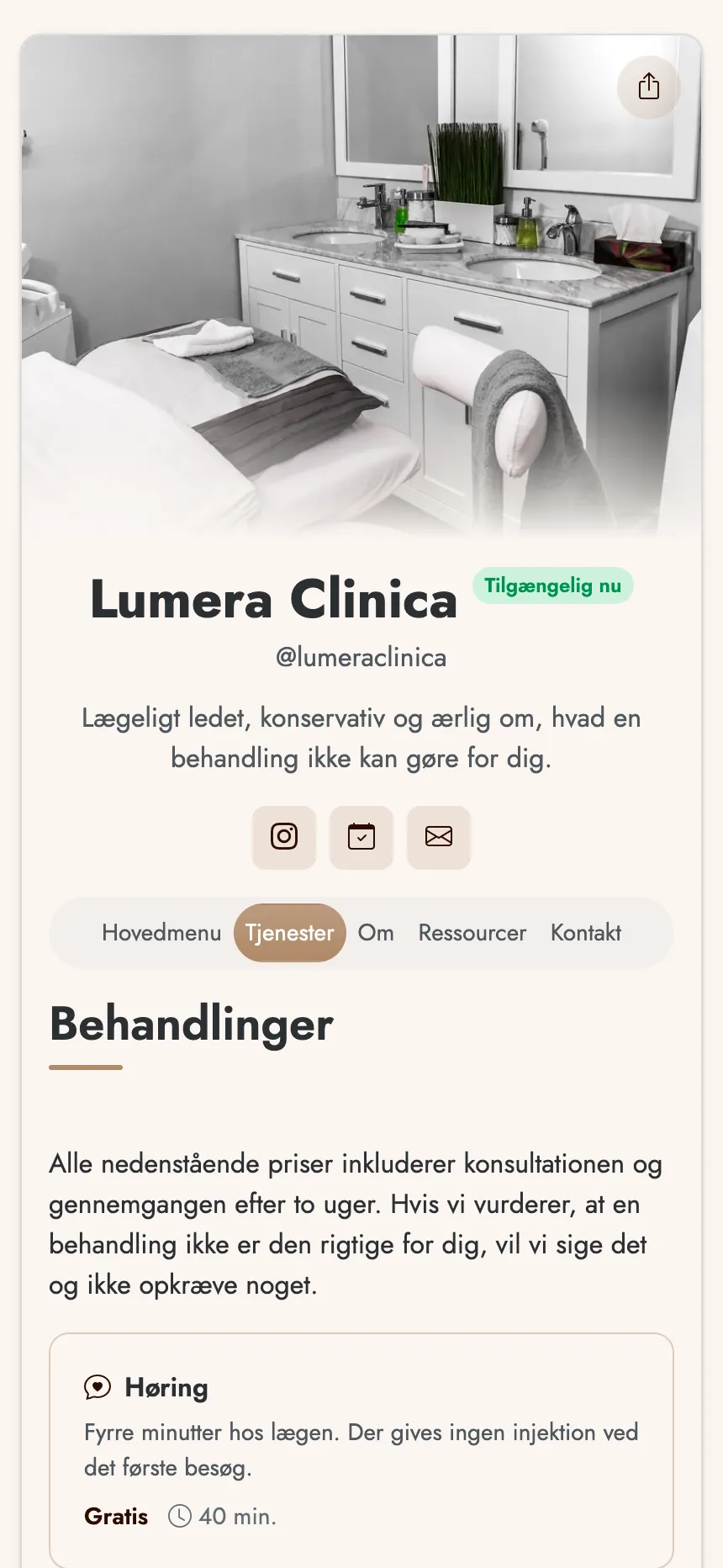 Skønhedsklinik — behandlinger med pris og en bookingknap