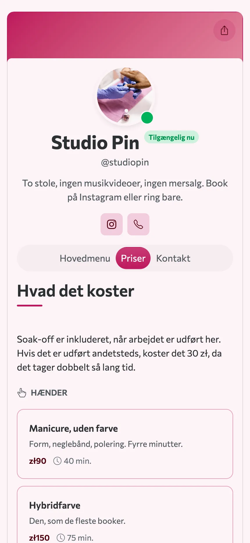To faner — en prisliste og en adresse, og det er hele sitet