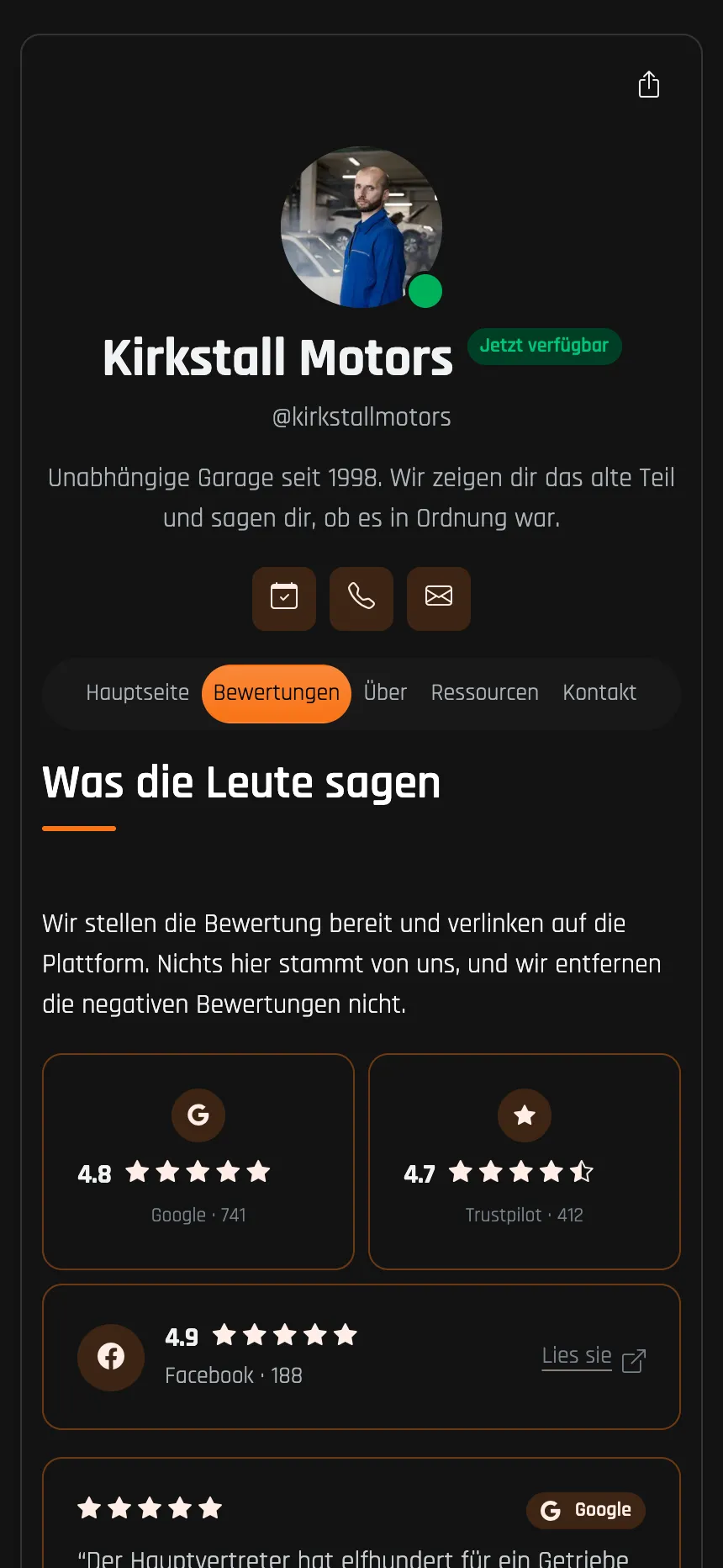 Autowerkstatt — Bewertungen direkt von Google und Trustpilot übernommen