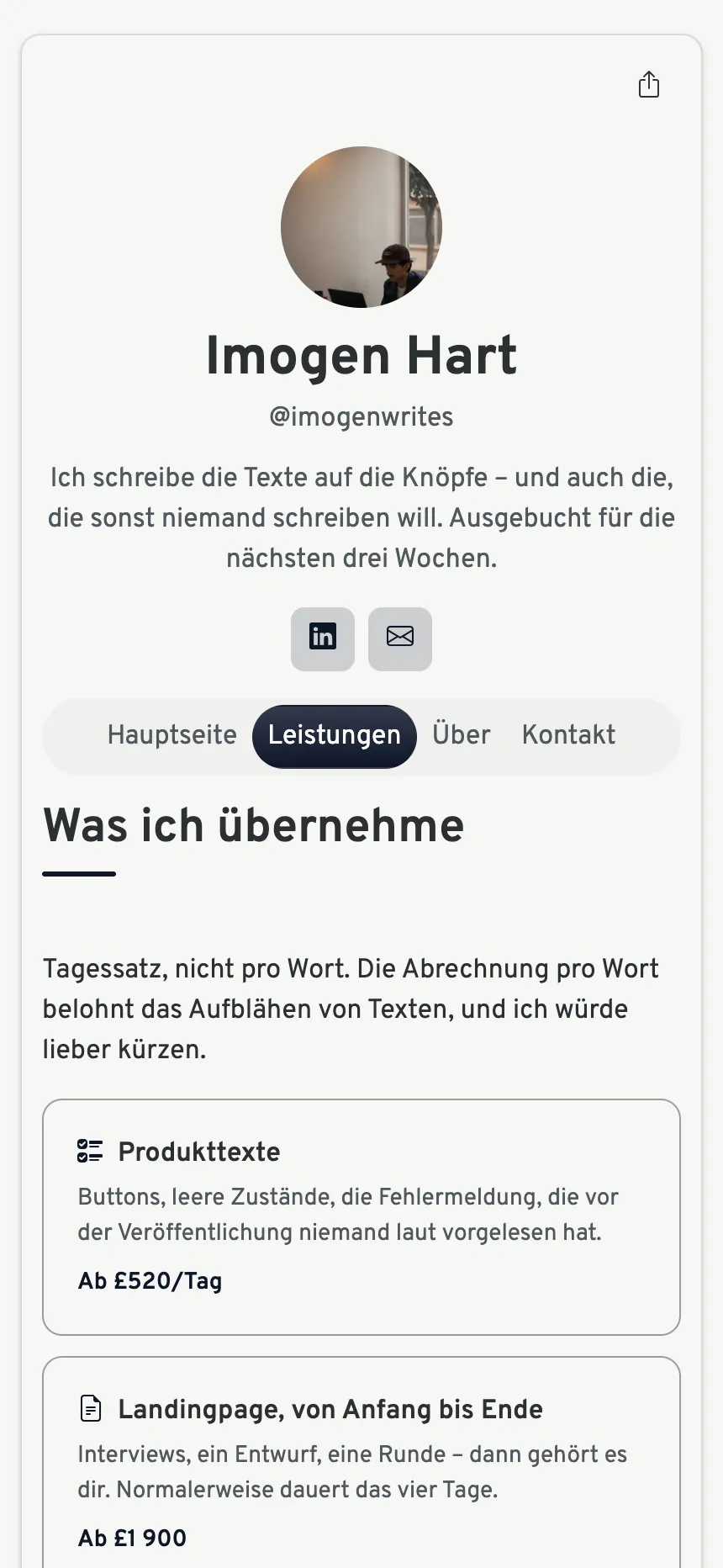 Drei Tabs — genau genug, um eine Dienstleistung zu verkaufen, nicht mehr