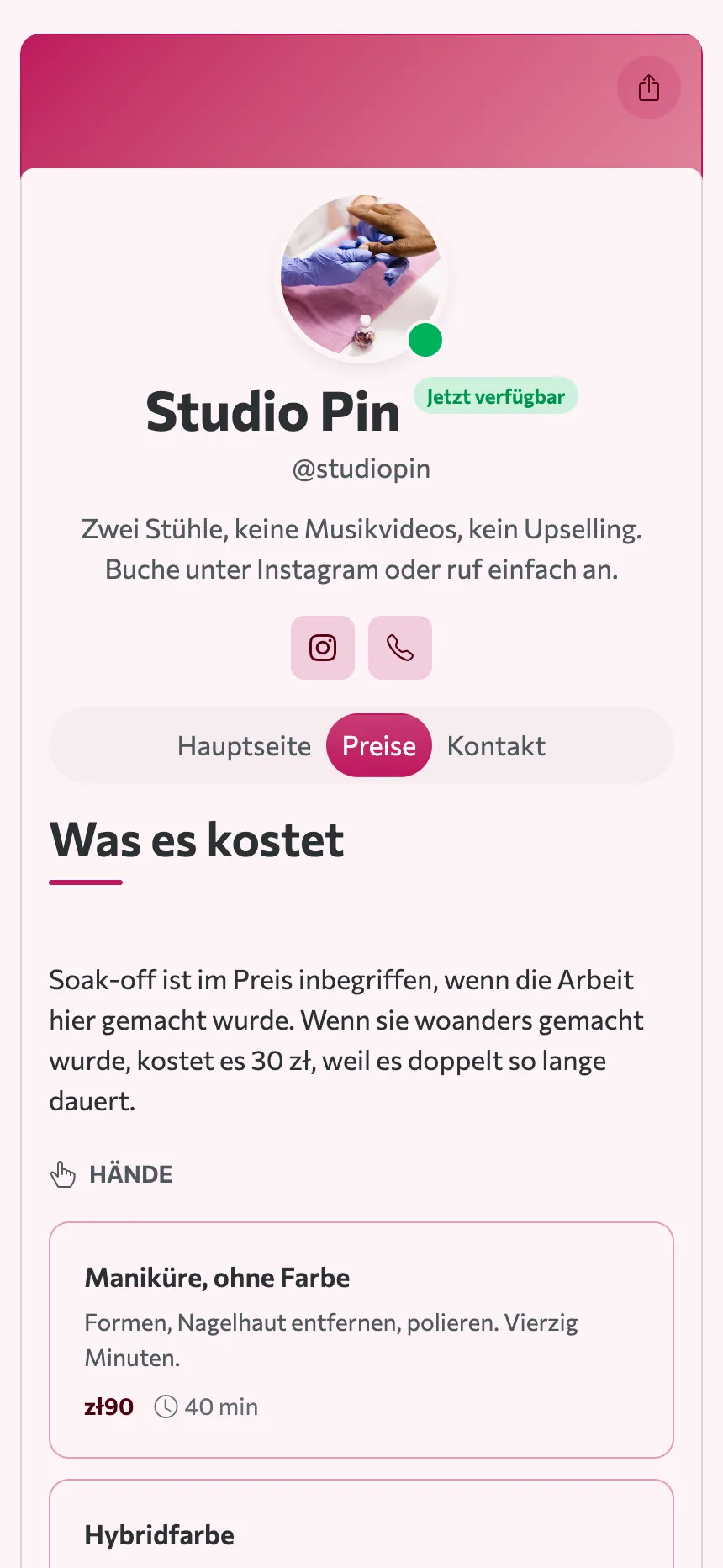 Zwei Tabs — eine Preisliste und eine Adresse, und das ist die ganze Website