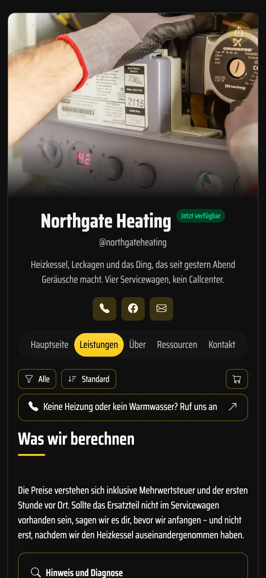 Heizungsmonteur — Notfalleinsätze mit Preisen und Anruf-Button
