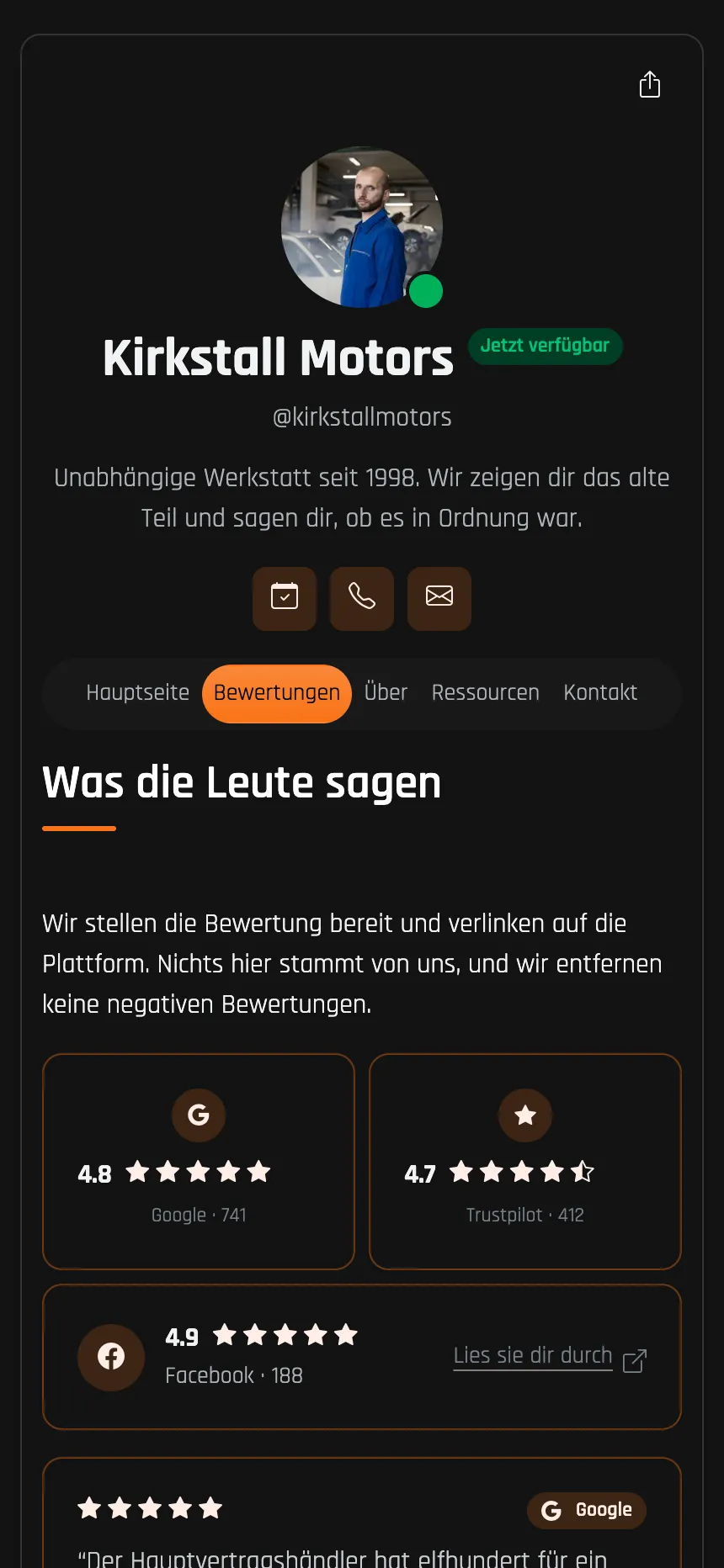Autowerkstatt — Bewertungen von Google und Trustpilot eingebunden
