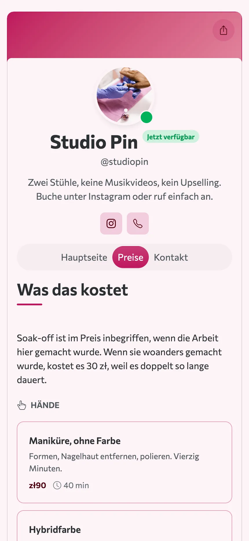 Zwei Tabs — eine Preisliste und eine Adresse, mehr braucht die Website nicht