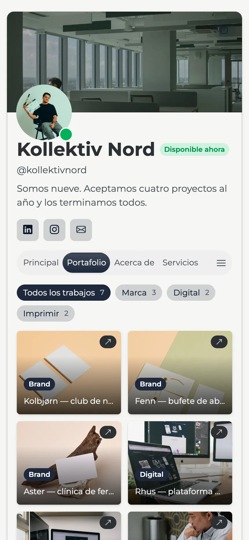 Estudio de diseño — portafolio con filtros sobre encabezado con banner