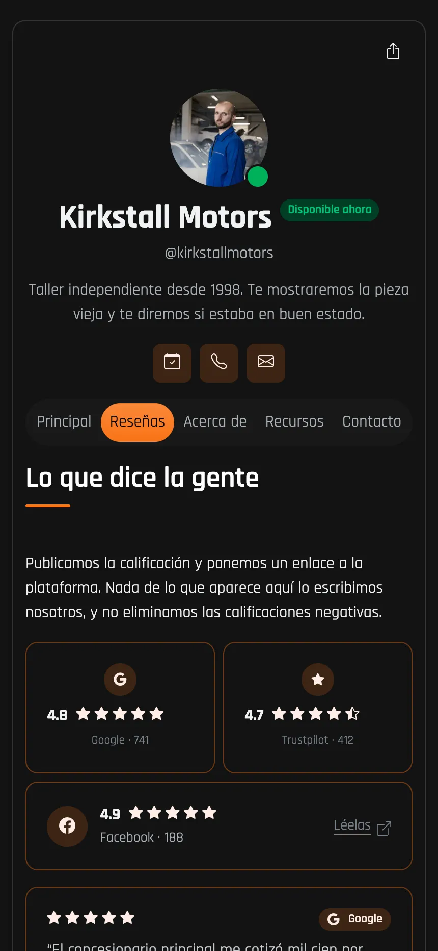 Taller mecánico — calificaciones tomadas de Google y Trustpilot