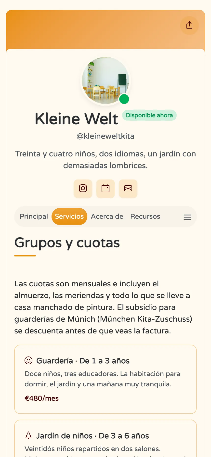 Guardería — grupos, cuotas mensuales y respuestas a preguntas de los padres