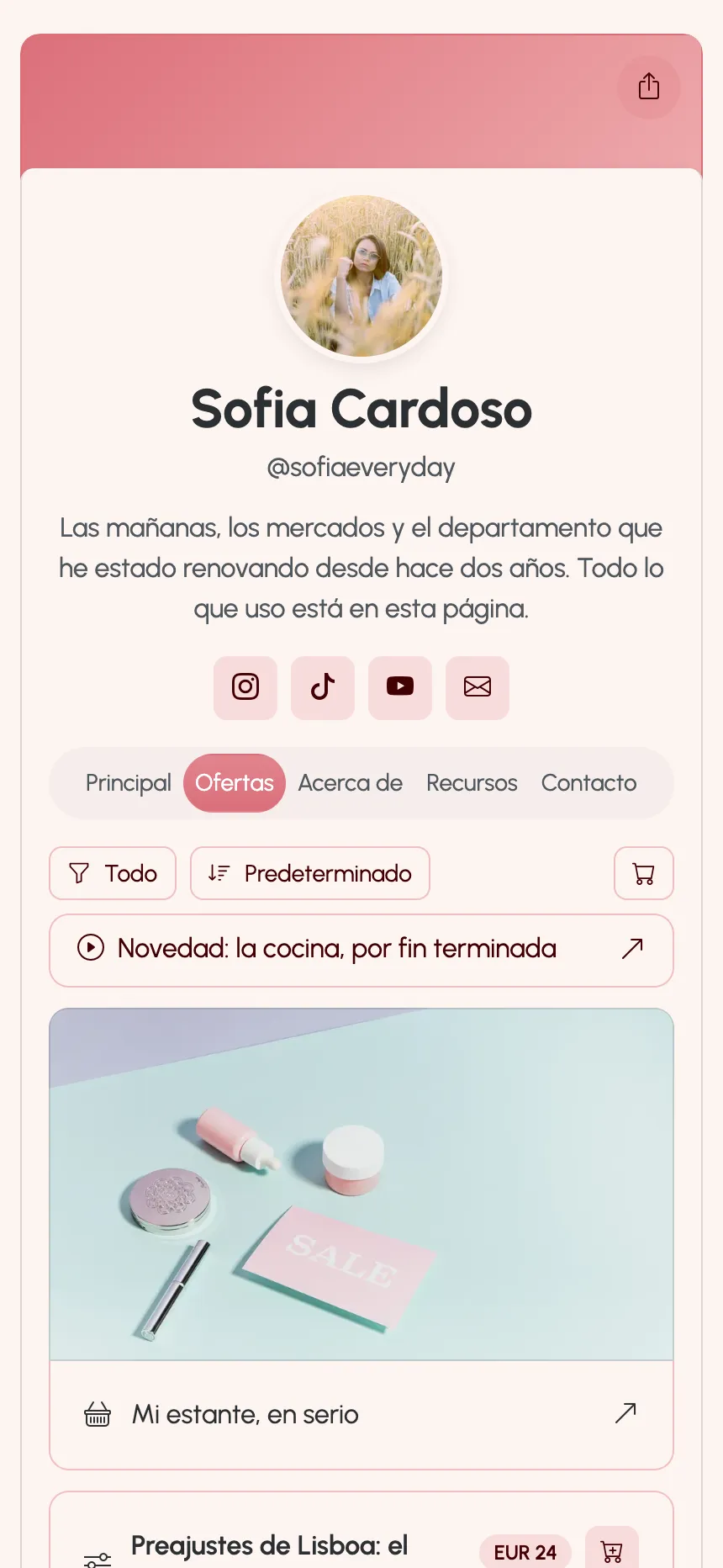 Una página de creador publicada en KEA.Page — enlaces, ajustes y una membresía