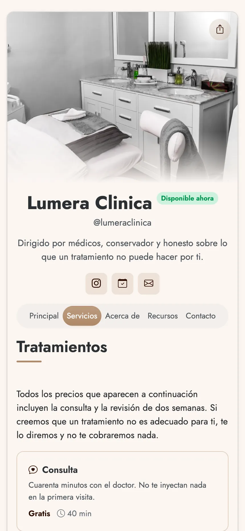Clínica de estética — tratamientos con precios y un botón para agendar