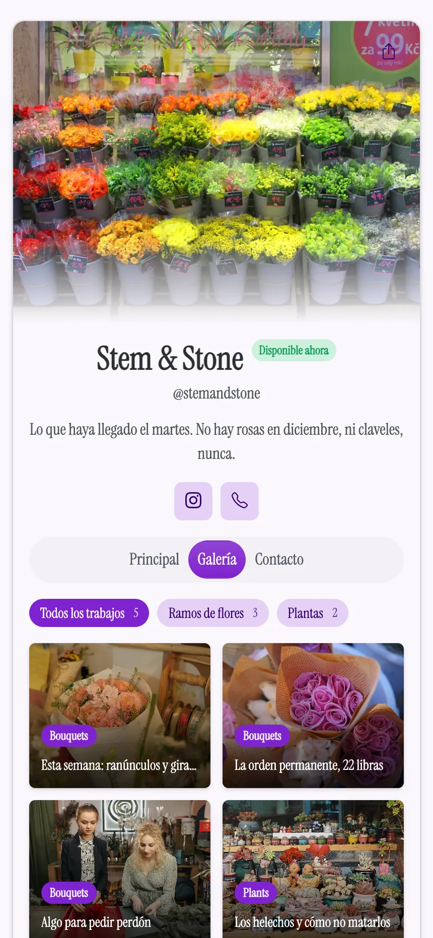 Dos pestañas — una florería mostrando lo que llegó esta semana
