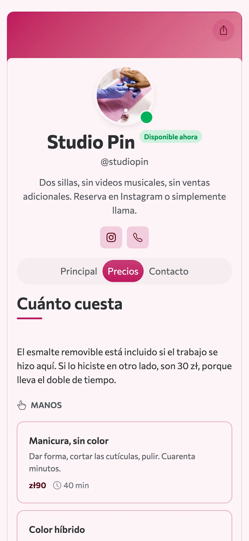 Dos pestañas — una lista de precios y una dirección, y ese es todo el sitio