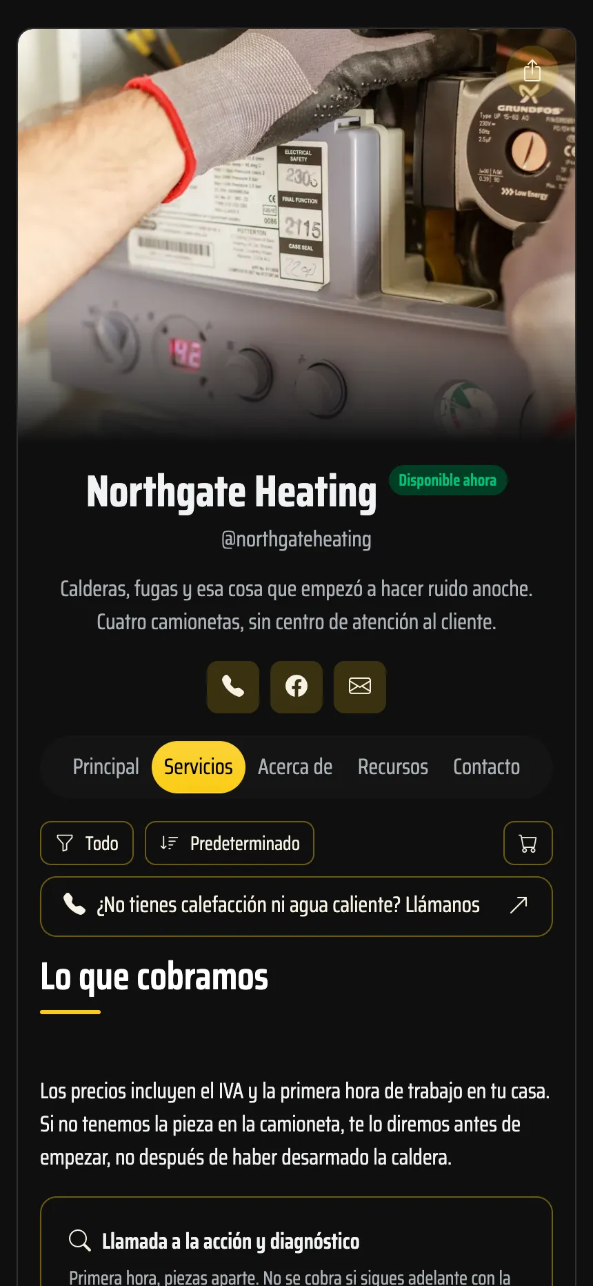Técnico de calefacción — servicios con precio y llamada telefónica directa