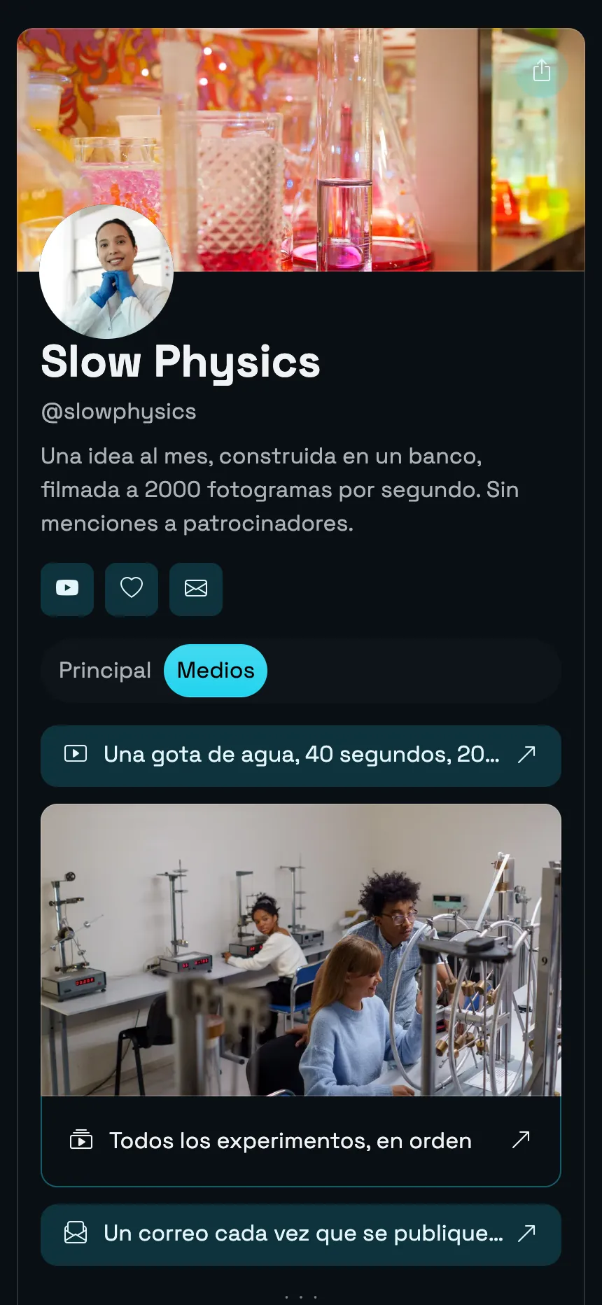 Canal de ciencia — dos páginas sobre un encabezado con banner