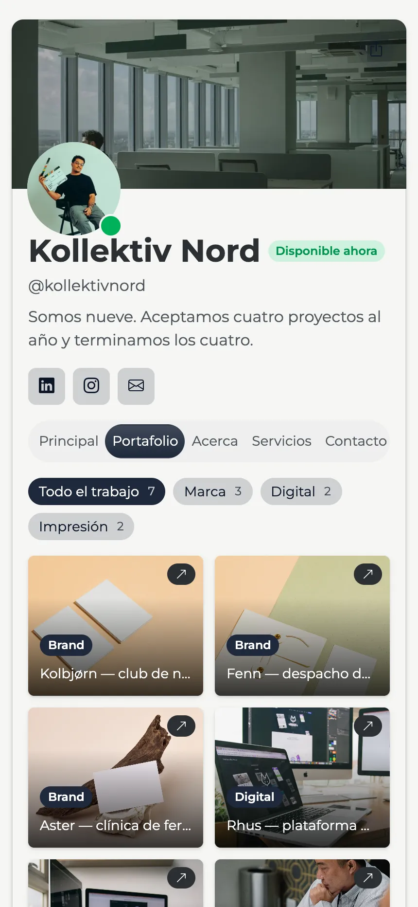 Estudio de diseño — un portafolio filtrable, con cabecera de banner