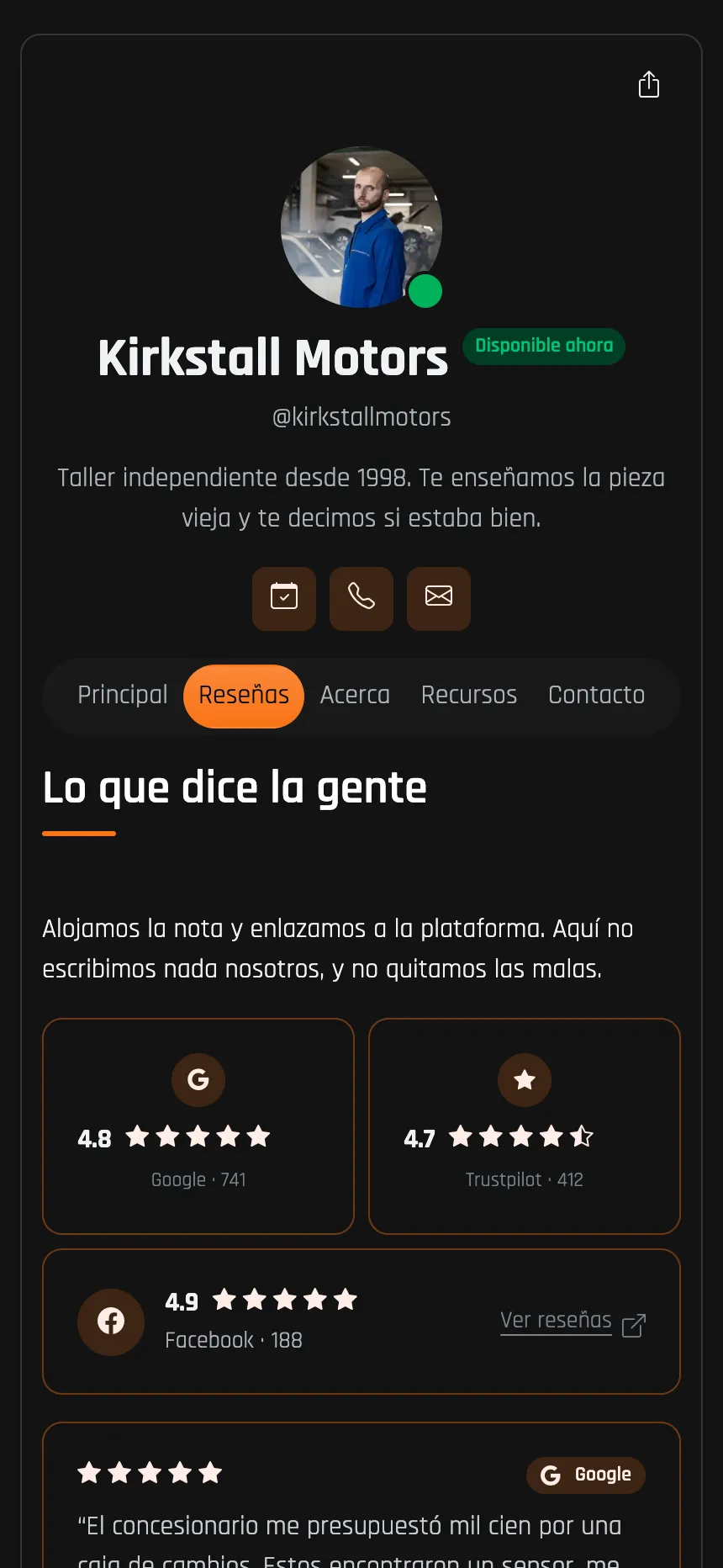 Taller — valoraciones traídas de Google y Trustpilot