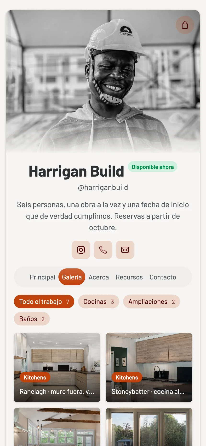 Constructor — obras terminadas, filtrables por estancia