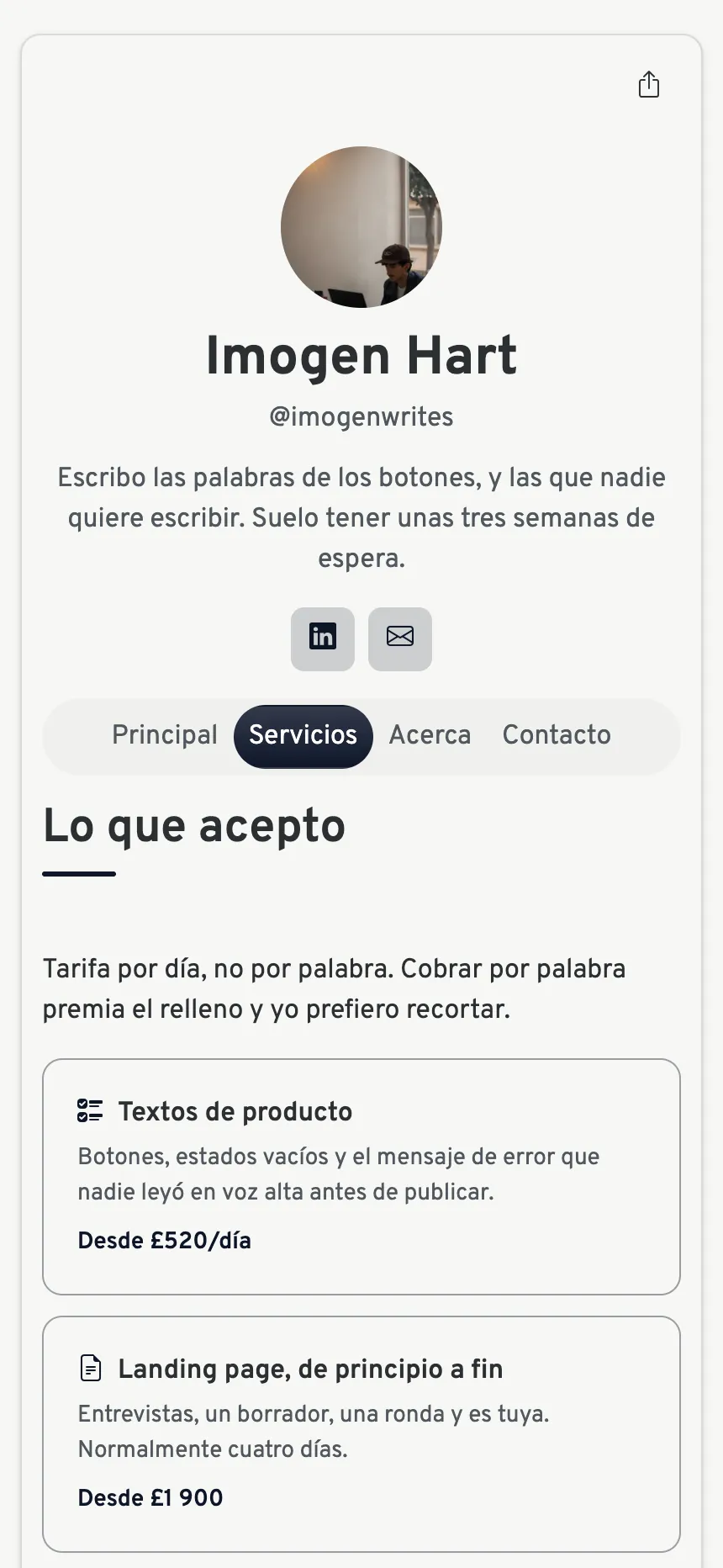 Tres pestañas — lo justo para vender un servicio, nada más