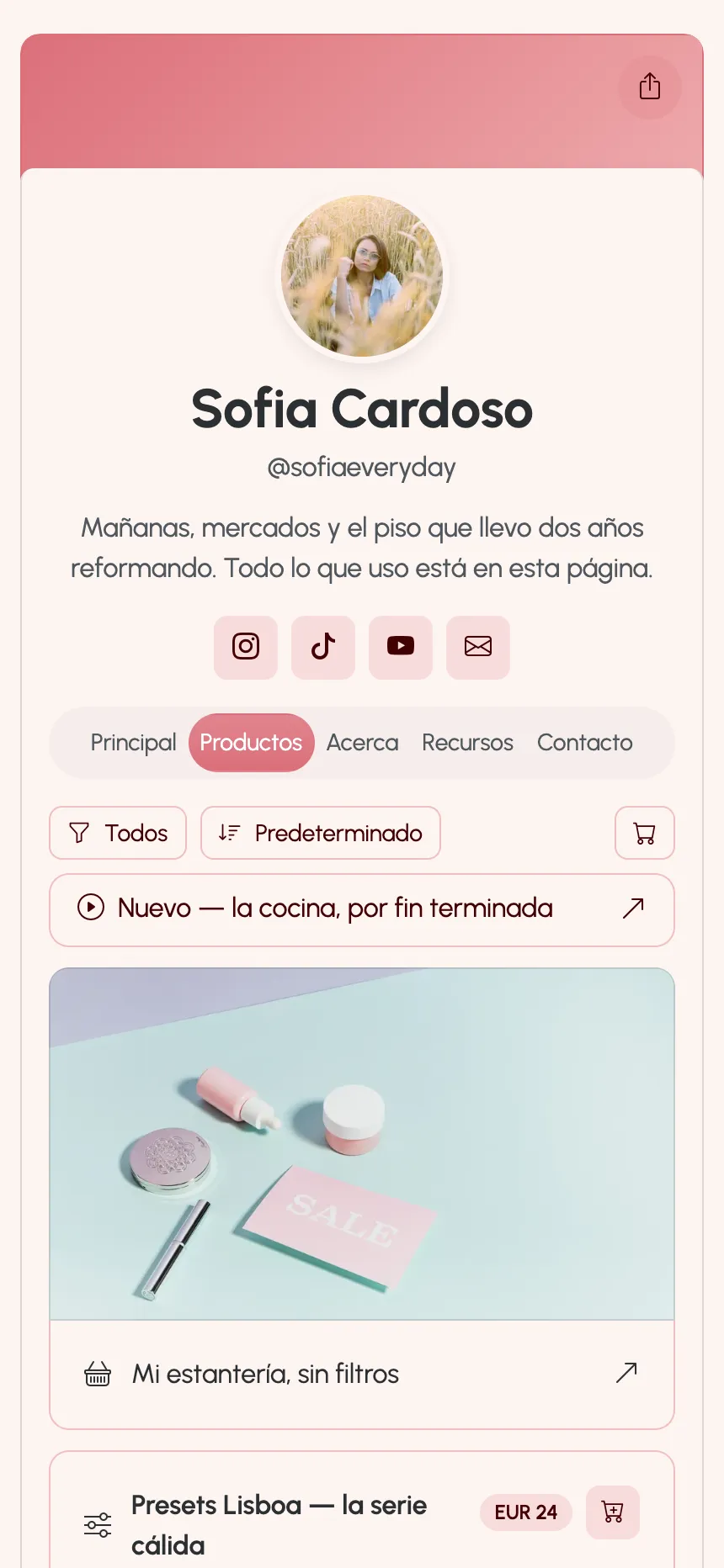 Una página de creador publicada en KEA.Page — enlaces, ajustes y una membresía