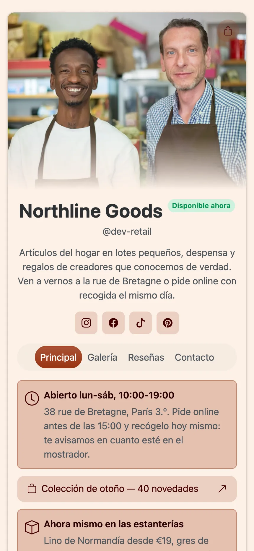 La página principal de un sitio publicado en KEA.Page