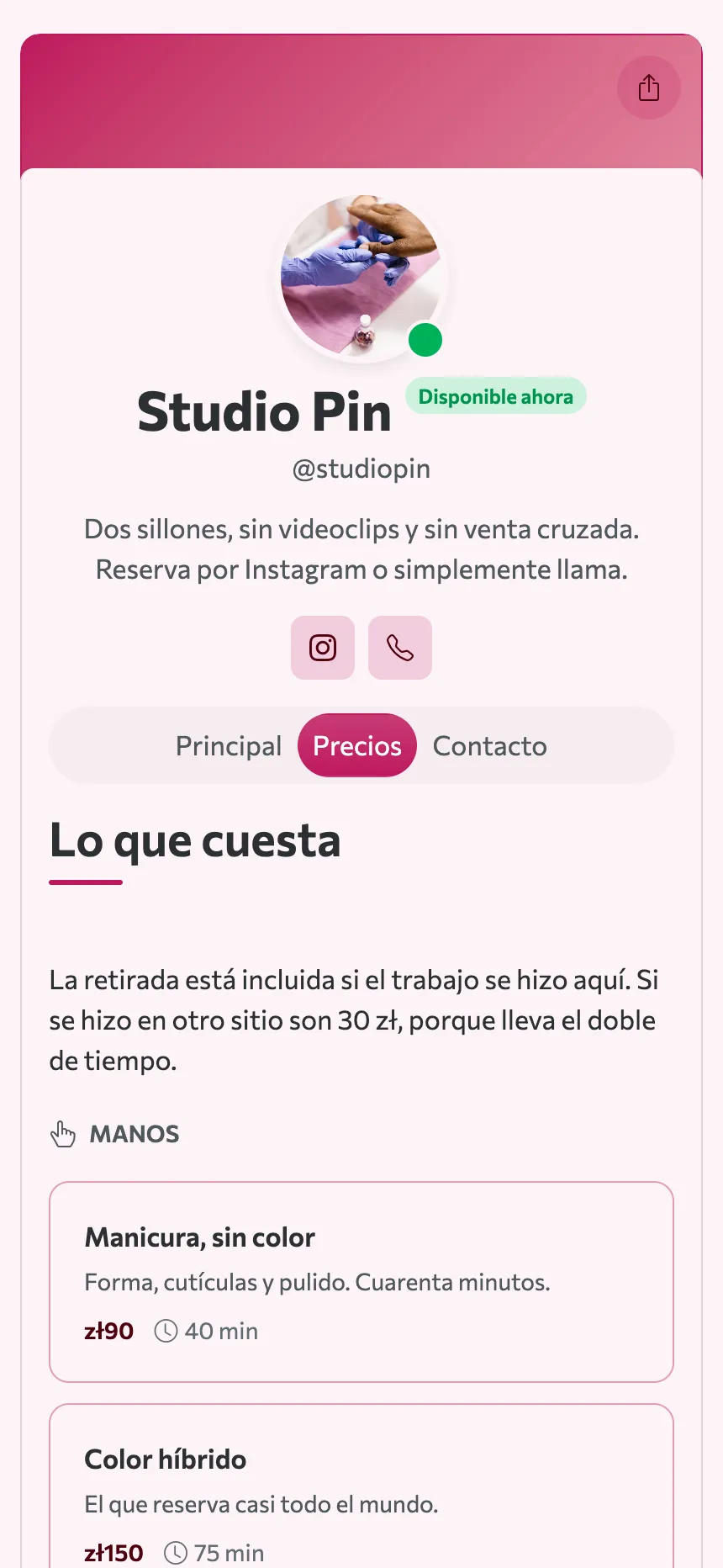 Dos pestañas — una lista de precios y una dirección, y ese es el sitio