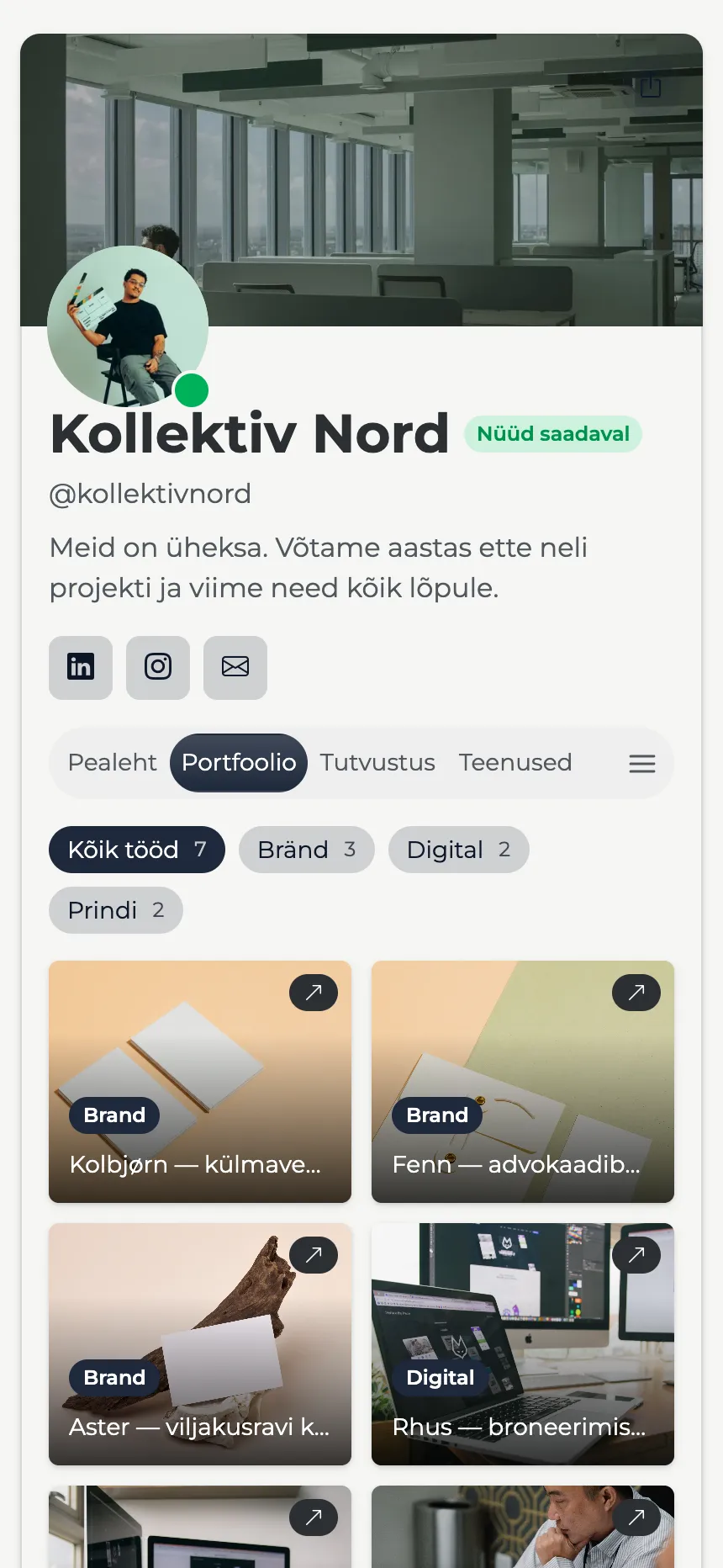 Disainistuudio — filtreeritav portfoolio bännerpäises