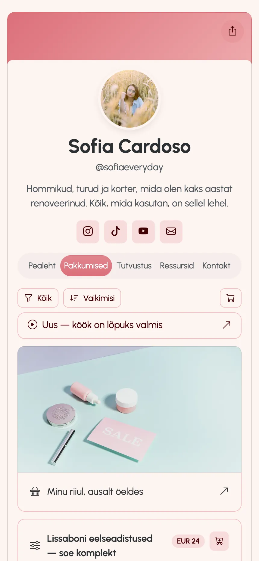 KEA.Page'is avaldatud loojaleht — lingid, eelseadistused ja liikmesus