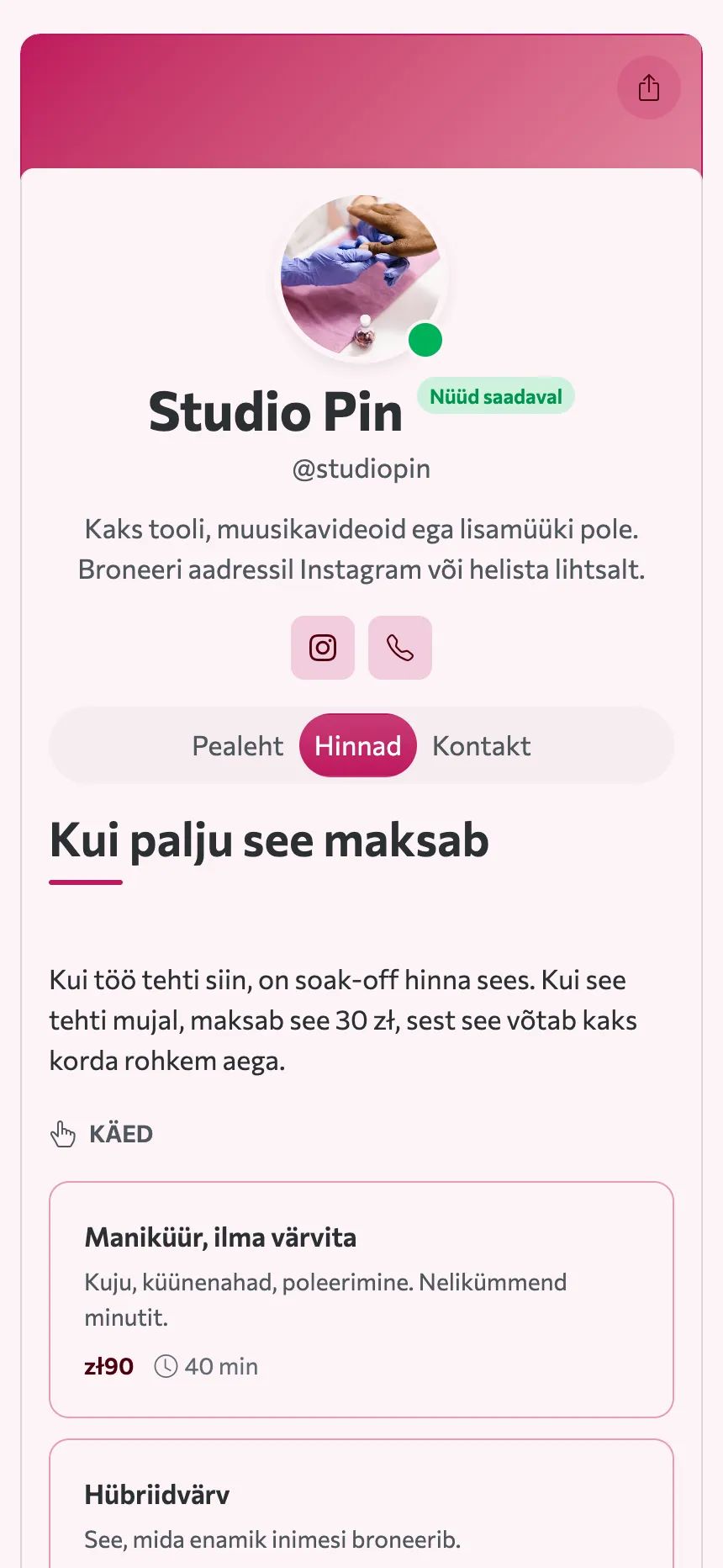 Kaks vahekaarti — hinnakiri ja aadress, ja see ongi kogu sait
