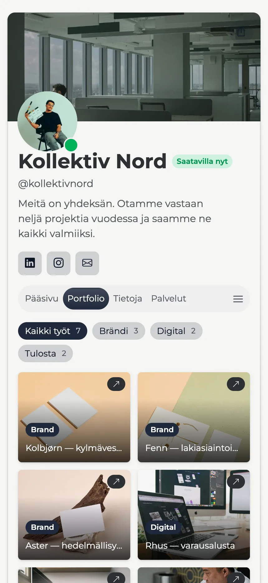 Muotoilustudio — suodatettava portfolio banneriotsikolla