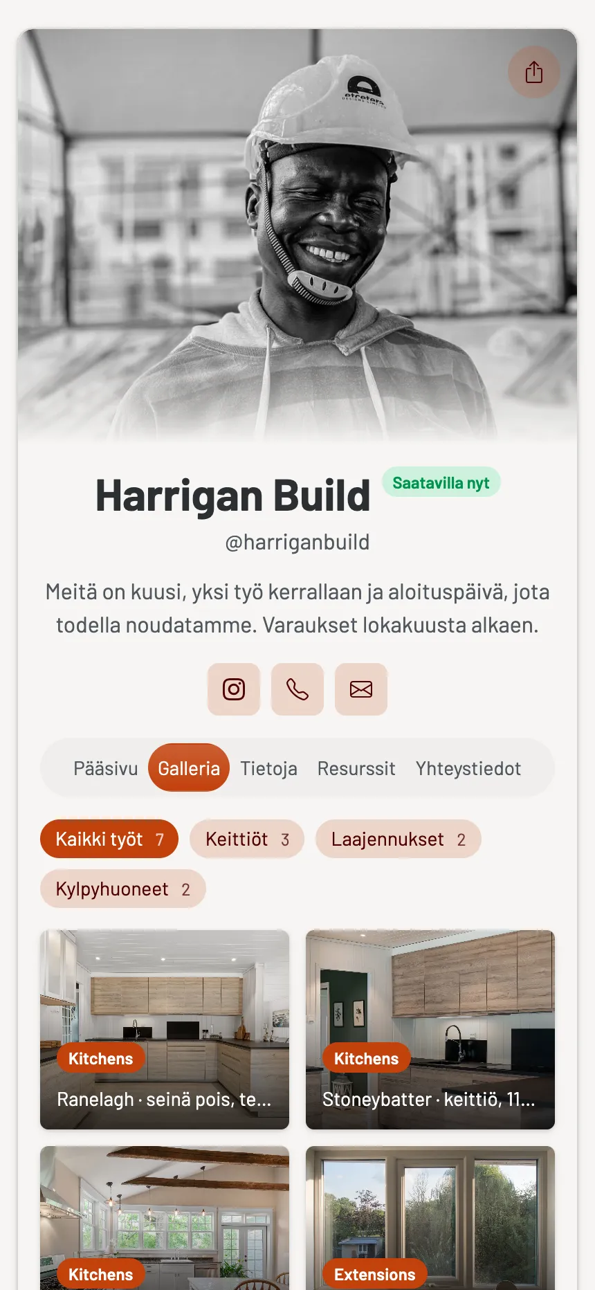 Rakentaja — valmistuneet työt, suodatettavissa huoneittain