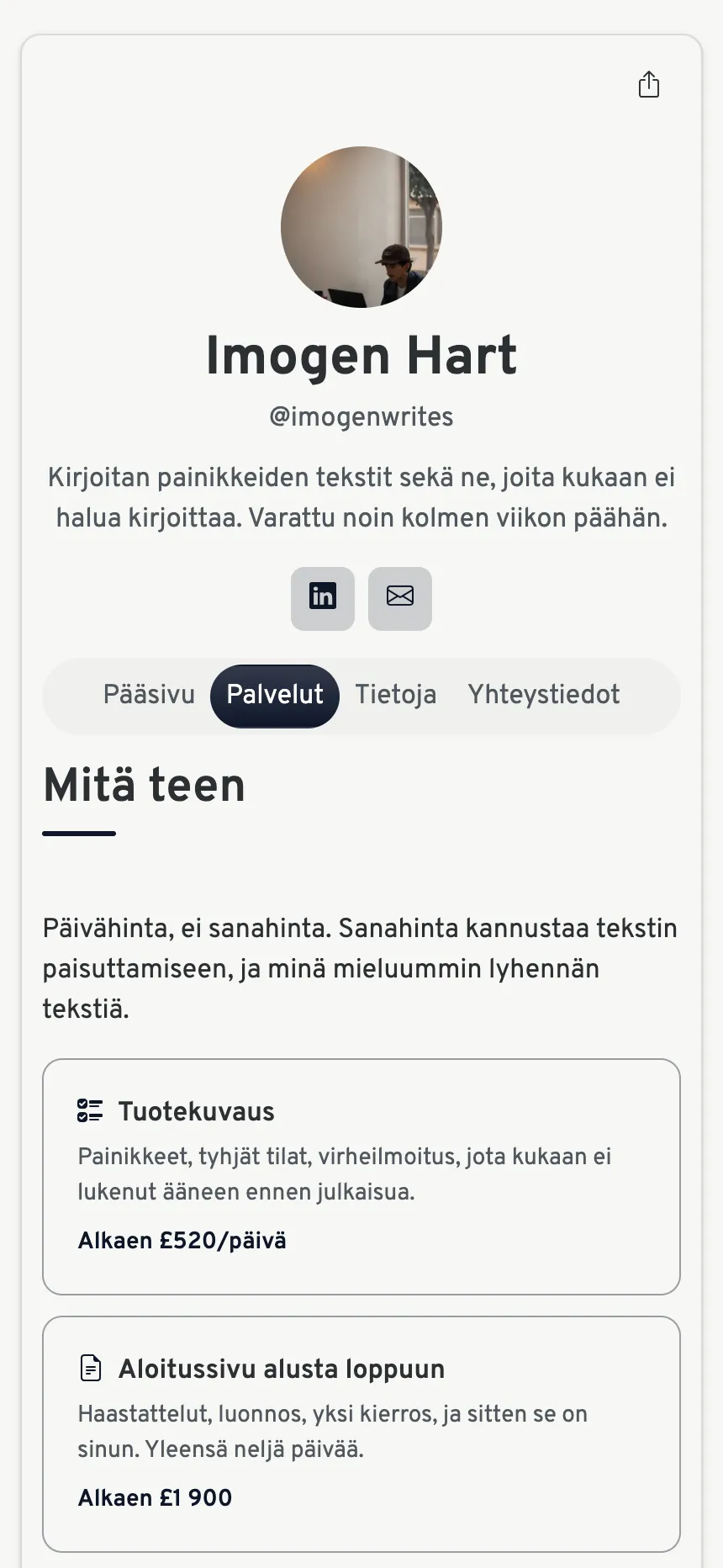 Kolme välilehteä — juuri tarpeeksi palvelun myymiseen, ei enempää