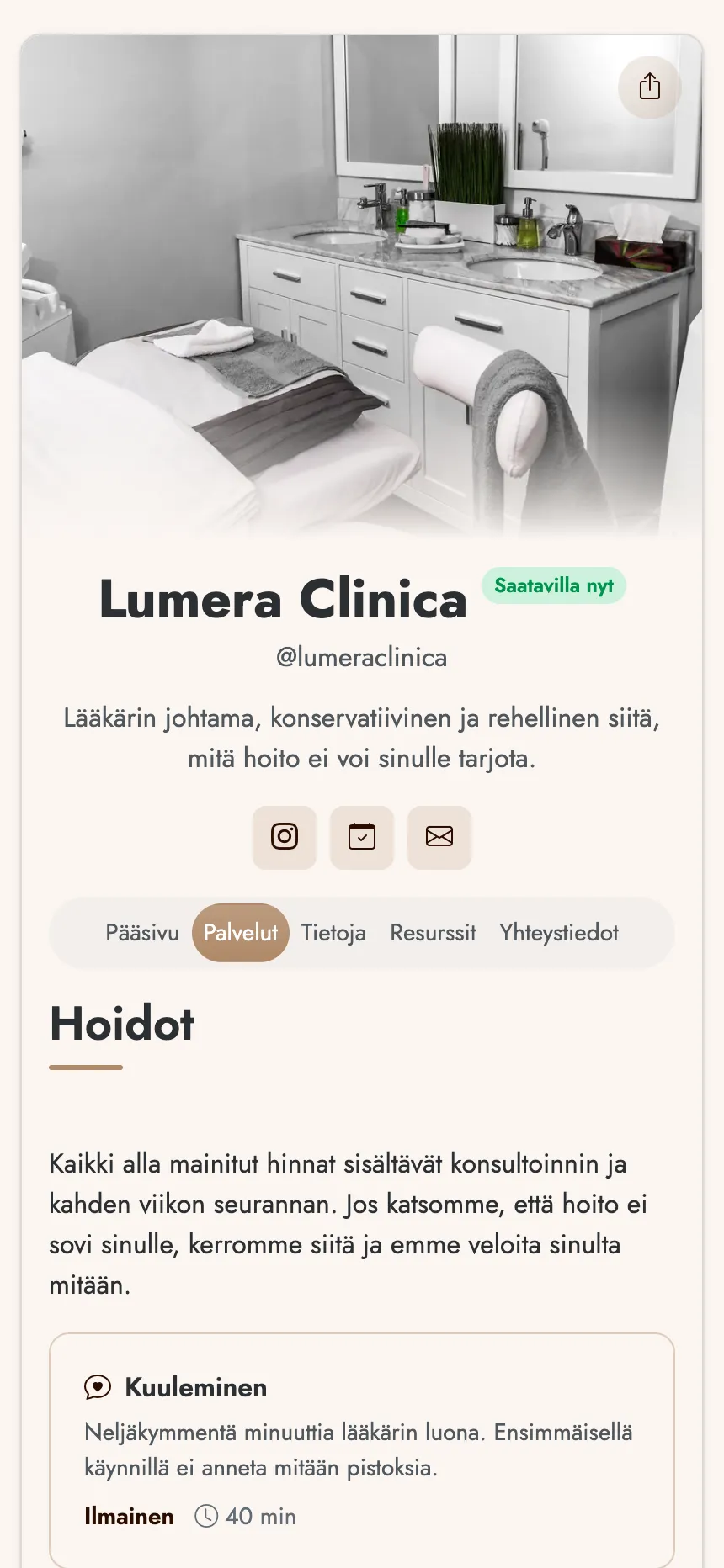 Esteettinen klinikka — hinnoitellut hoidot ja varauspainike