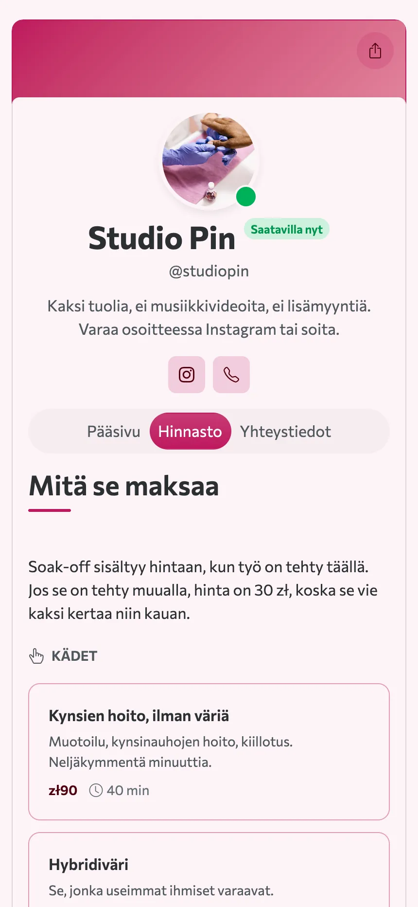 Kaksi välilehteä — hinnasto ja osoite, siinä koko sivusto