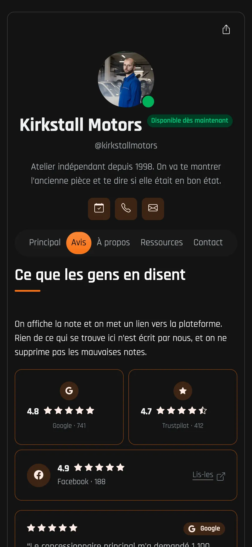 Atelier mécanique — notes importées de Google et Trustpilot