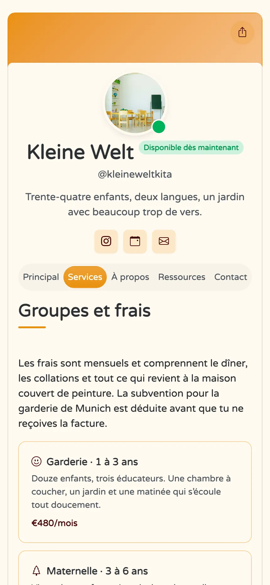 Garderie — groupes, tarifs mensuels et réponses aux questions des parents