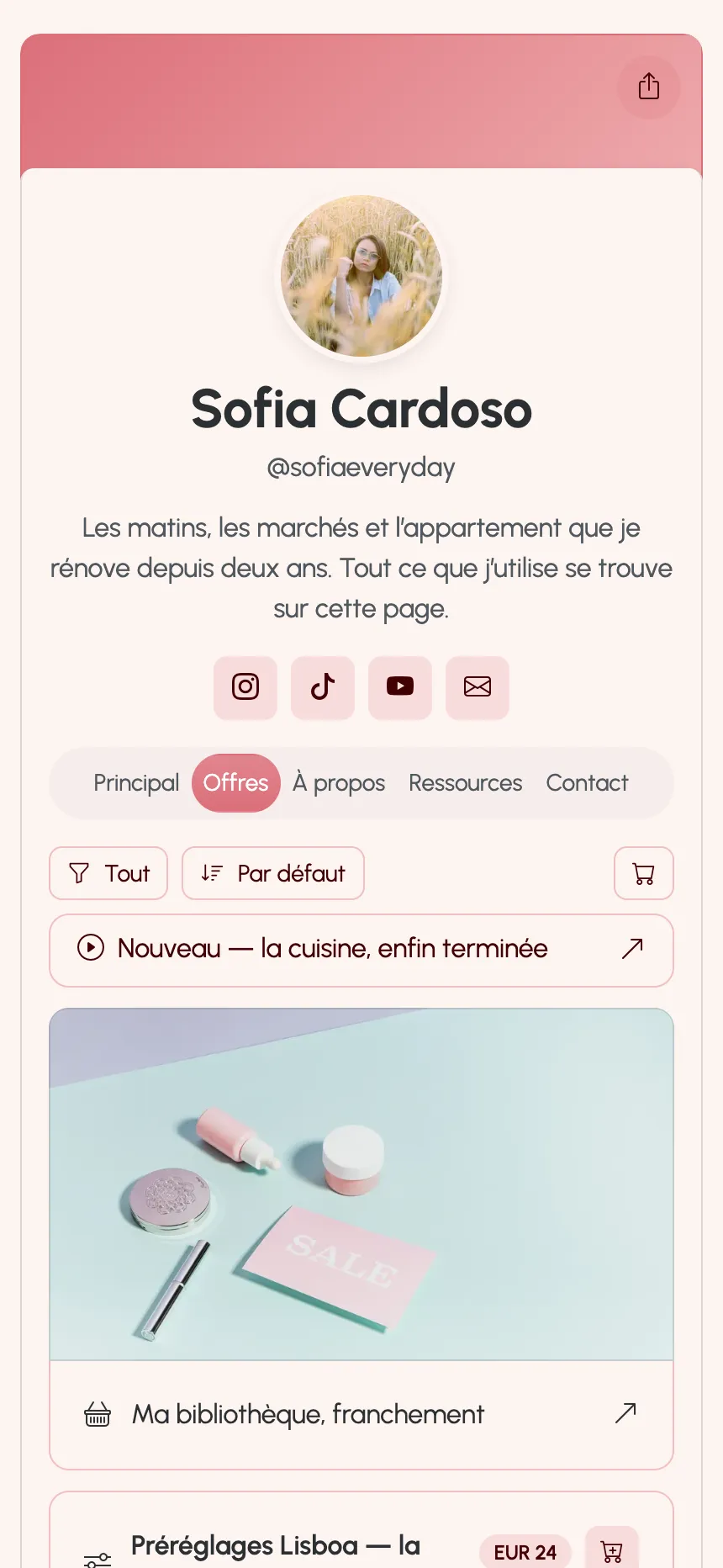 Une page de créateur publiée sur KEA.Page — liens, préréglages et abonnement