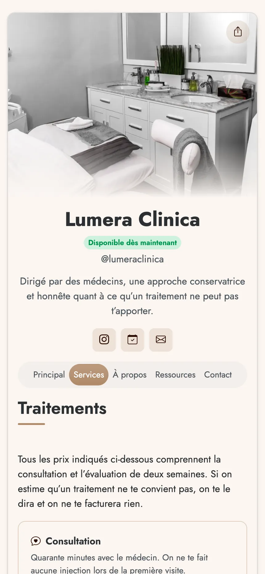 Clinique d'esthétique — soins avec prix et appel à la réservation