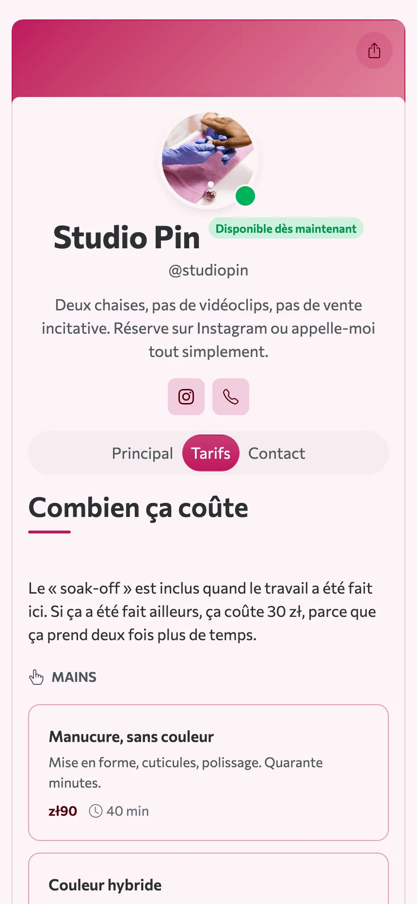 Deux onglets — une liste de prix et une adresse, et c'est tout le site