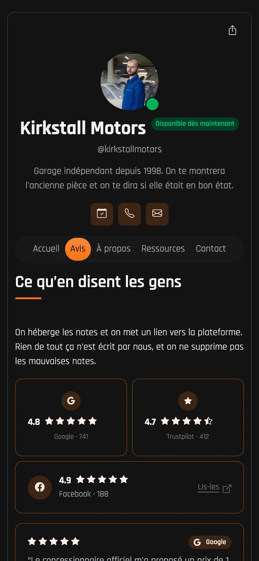 Garage — avis importés depuis Google et Trustpilot