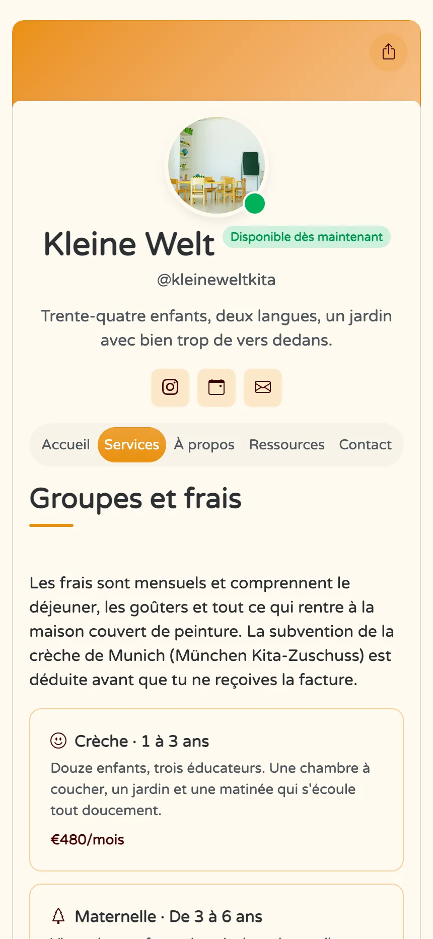 Crèche — sections, tarifs mensuels et questions des parents