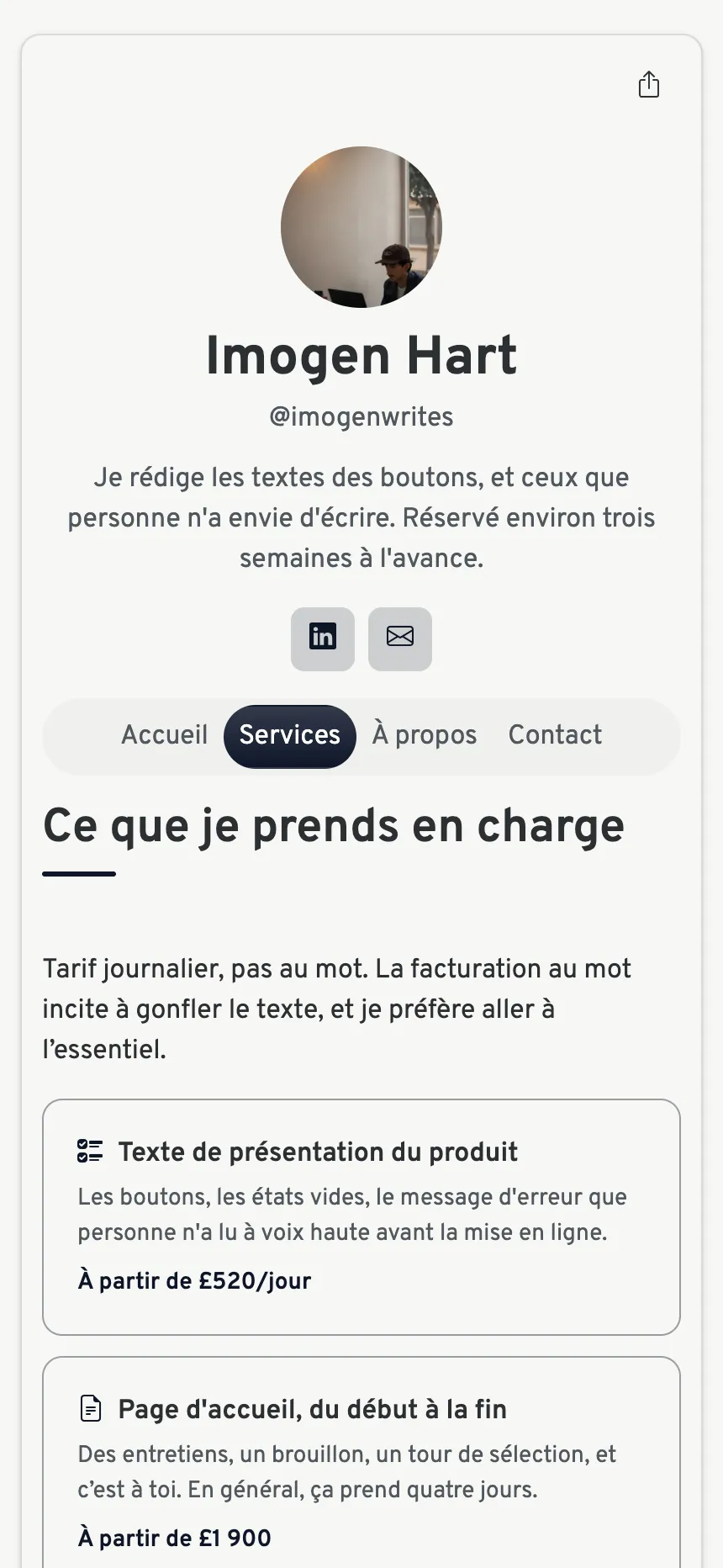 Trois onglets — juste ce qu'il faut pour vendre une prestation, rien de plus