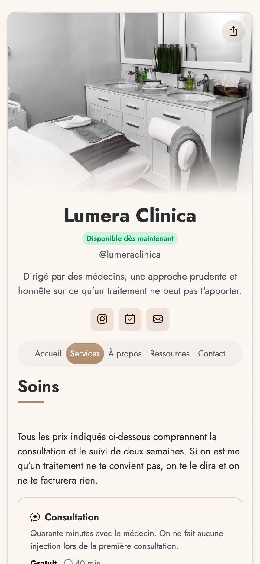 Clinique esthétique — soins avec tarifs et bouton de réservation