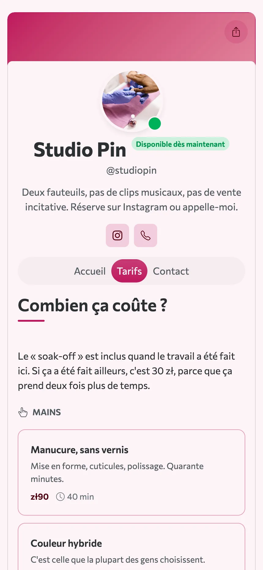 Deux onglets — une grille de tarifs et une adresse, le site complet