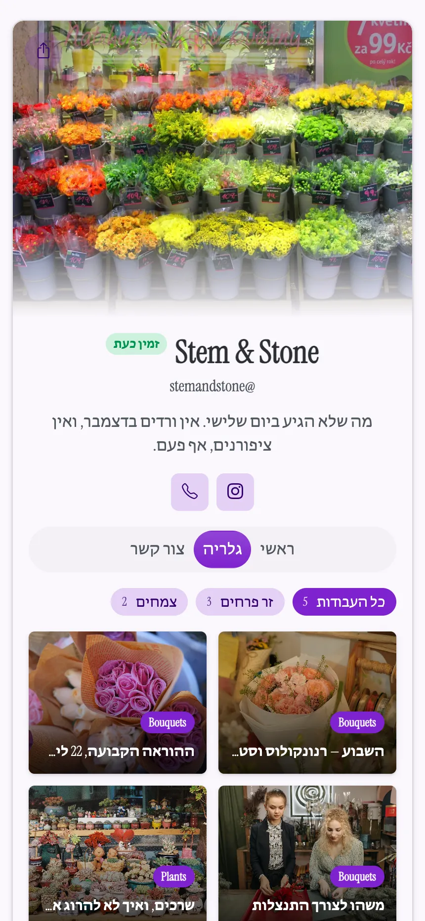 שתי לשוניות — חנות פרחים שמציגה מה הגיע השבוע