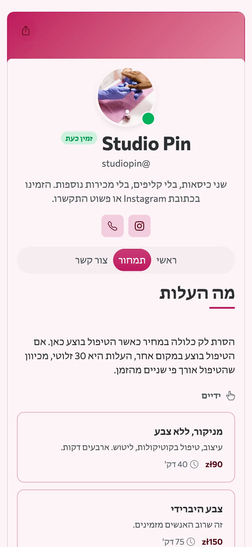 שתי לשוניות — מחירון וכתובת, וזה כל האתר