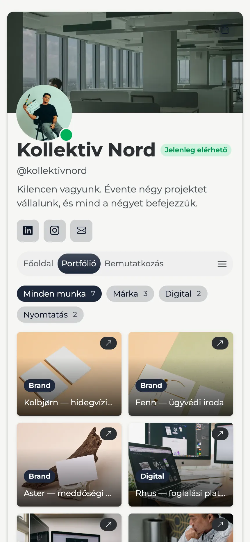 Dizájnstúdió — szűrhető portfólió fejlécbannerrel