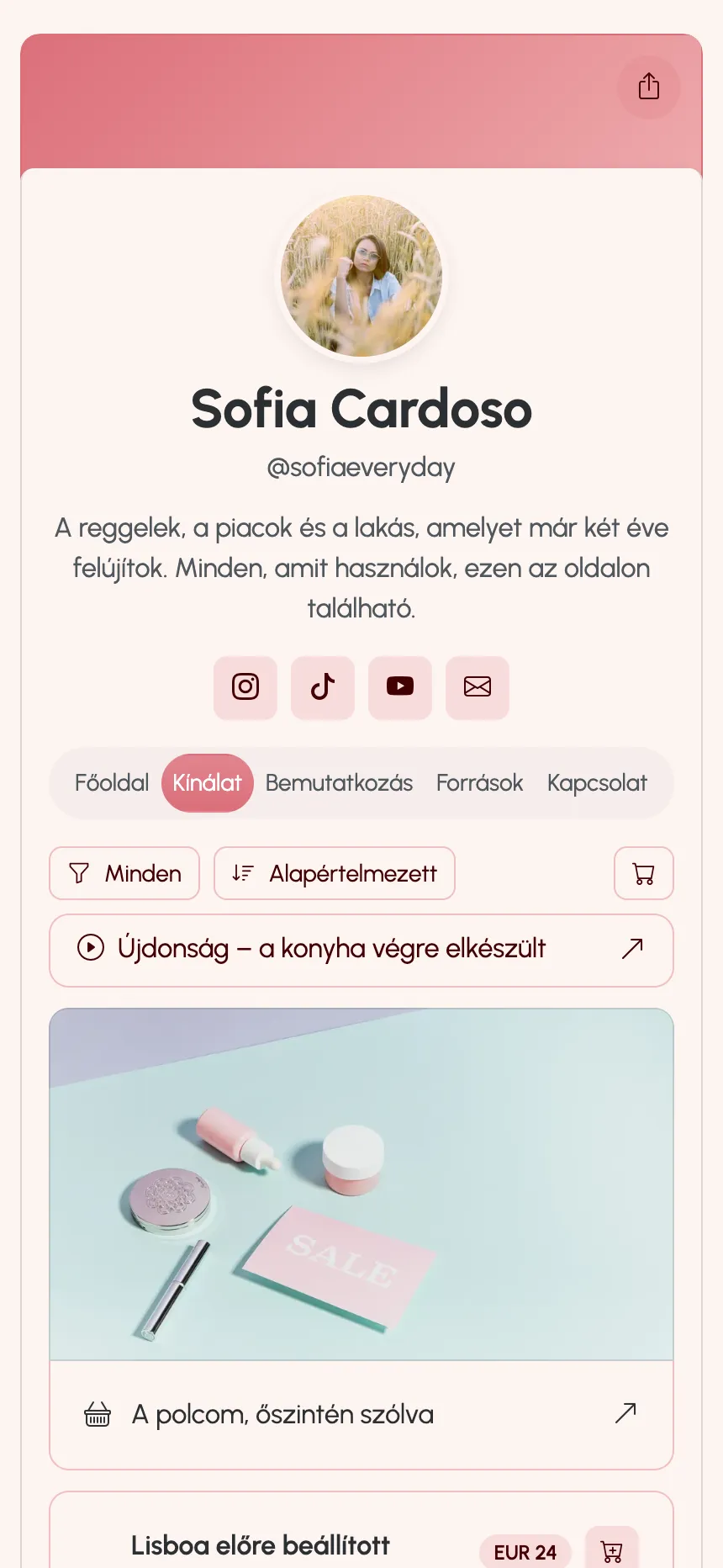 Egy KEA.Page-en közzétett alkotói oldal — linkek, előbeállítások és tagság