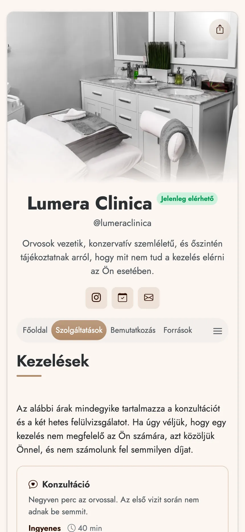 Esztétikai klinika — beárazott kezelések és időpontfoglalási gomb
